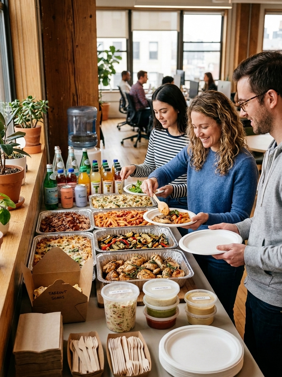 A team enjoying a Crew Table catered lunch buffet